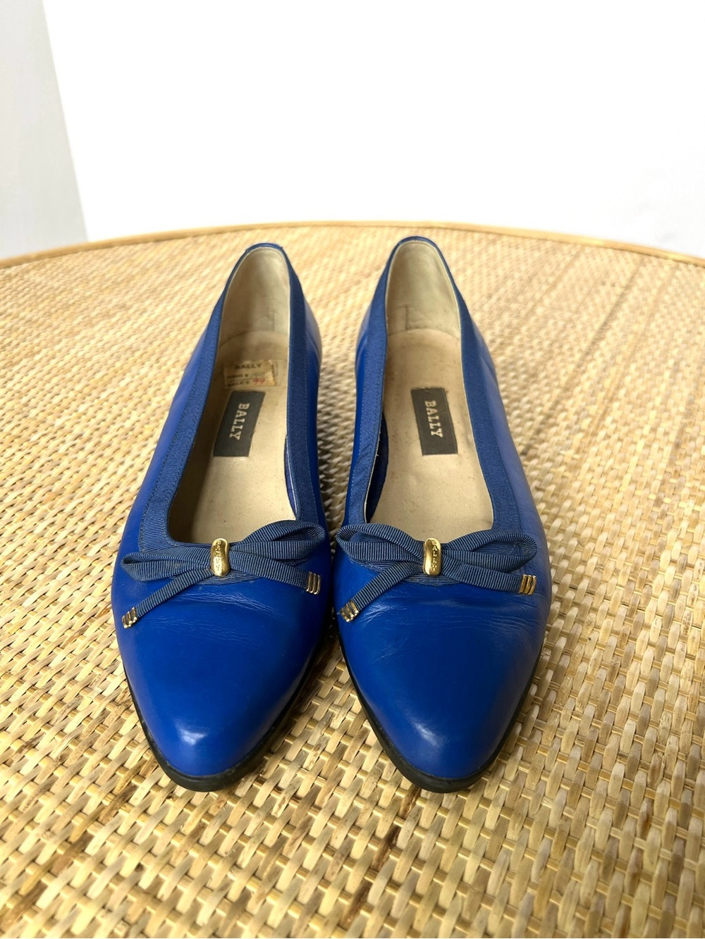 Bally Vintage Royal Blue Belle Ballet Wedge Italian Leather Shoes Gold 8